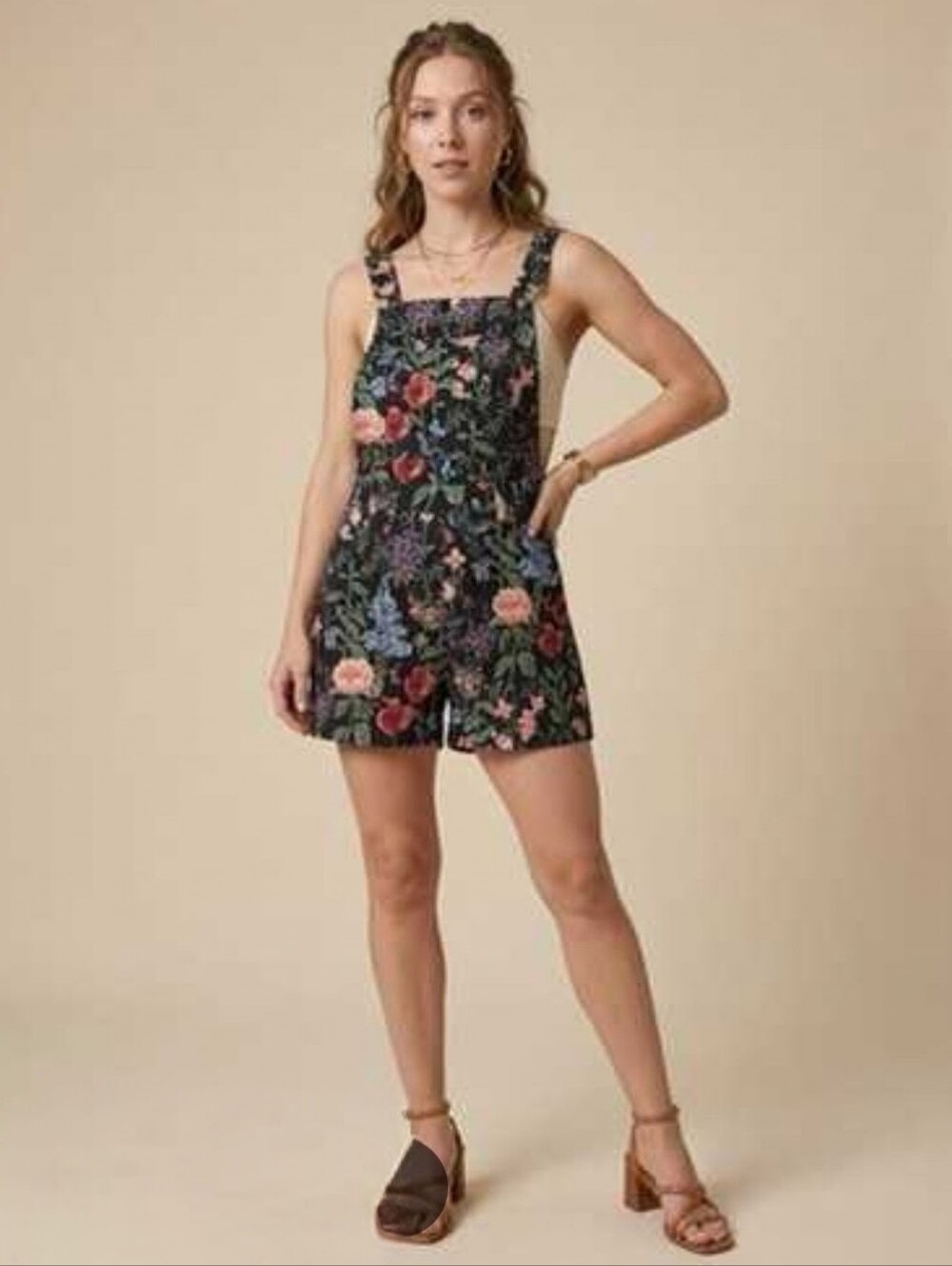 Cider Floral Print Black Mini Dress Overalls Corduroy OXL